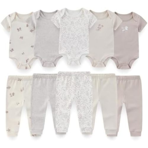 Newborn Baby 10-Piece Cotton Layette Set Short Sleeve Bodysuits and Pants Unisex Baby Clothes Gift Sets