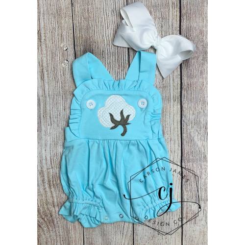 Personalized Cotton Boll Romper Monogram Sunsuit with Ruffles for Baby and Toddler Girls