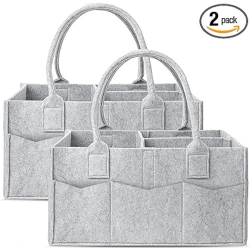 Cute Castle 2 Pack Diaper Caddy Organizer - Portable Baby Caddy Organizer with Handle, Nursery Storage Bin and Car Organizer for Girls, Boys - Baby Gift Basket - Grey, Large