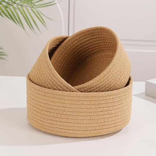 Small Basket Cotton Rope Woven Baskets for Organizing Cute Mini Tiny Baskets for Nursery Decorative Boho Round Storage Bathroom Organization Bin Open Storage Bins (Brown)