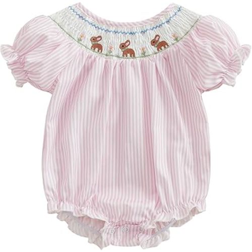 Adobabirl Baby Girl Easter Outfit Bunny Embroidery Smocked Bubble Romper Plaid Short Sleeve Bodysuit Cute Summer Clothes
