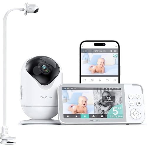 Dr.Care VistaView 5” Smart WiFi Baby Monitor with Clip Mount - 2K HD Camera, App Control, Cry & Motion Alerts, Night Vision, 5000mAh Battery, 2-Way Talk, Multi-User, Triple Security