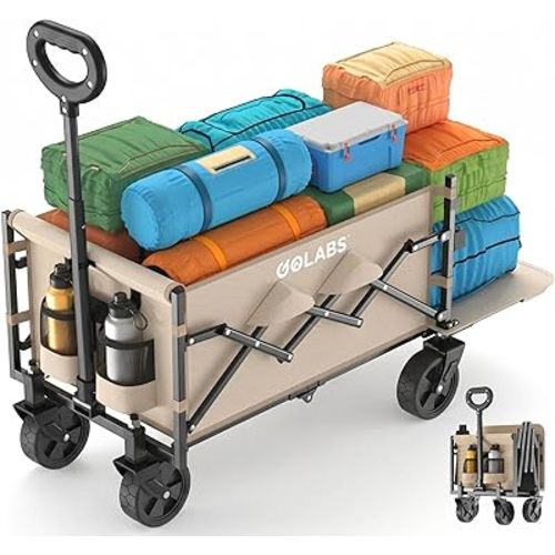 Golabs Collapsible Wagon Cart Max 350lb Load & Expandable Storage 100L, Double Bearing Design for Flexible Steering, Foldable Heavy Duty Garden Cart with 2 Cup Holders for Groceries, Garden & Camping