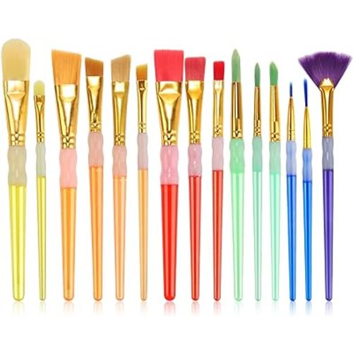 15Pcs Paint Brushes Value Pack, Includes 15 Different Types of Brushes, Nylon Colorful Hair with Silicone Crystal Penholder, Prefect Works with Oil, Acrylic and Watercolor Painting
