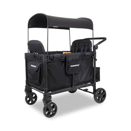WONDERFOLD W4 Elite Pro Stroller Wagon (4 Seater) - Wagon Stroller with 5-Point Harnesses, Adjustable Push Handle, and Adjustable Sun Canopy - Safety Certified, Jet Black