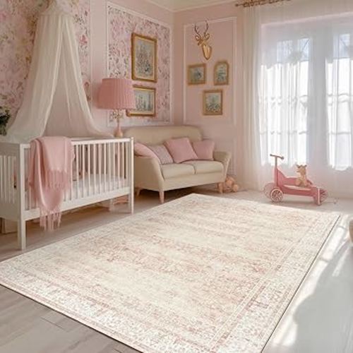 Light Pink Bedroom Rugs 6x9 Vintage Distressed Aesthetic Cute Boho Floral Feminine Low Pile Soft Carpet Machine Washable Stain Resistant Area Rugs for Kids Room Nursery Playroom Office 6 x 9