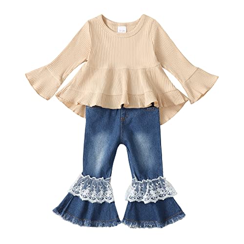 XUANHAO Baby Girl Clothes 12 18 24 Months Outfits For Infant Toddler Denim Girls' Clothing Ruffle Top Ripped Jeans Pant Sets