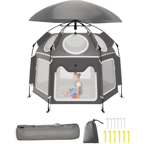 Pop-Up Portable Baby Playpen with UV Canopy, Waterproof Outdoor & Indoor Play Tent, Breathable Mesh Sides, Quick Setup Folding Baby Play Yard with Carry Bag & Stakes 59"