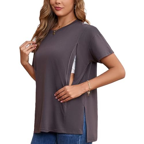 Ecavus Women's Oversized Nursing Shirts for Breastfeeding with Hidden Zipper Short Sleeves Side Splits Maternity Tops