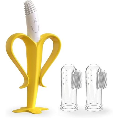 Silicone Baby Teether and Toothbrush - Set of 3 - Silicone Infant Training Finger Toothbrushes with Storage Case