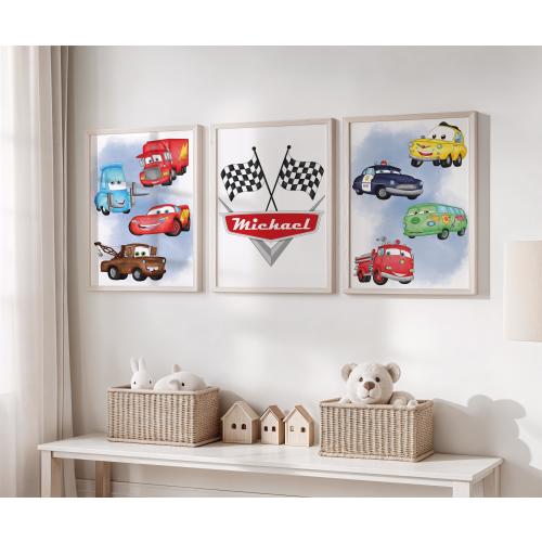 Personalized Cars Wall Art, Lightning McQueen Nursery Poster | Set of 3 Boys Room Wall Decor (Digital Download)