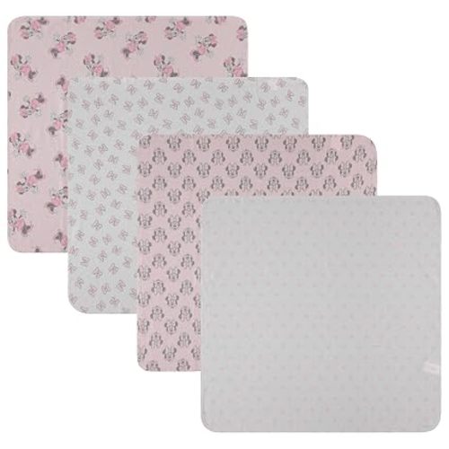 Disney Baby 4-Pack Receiving Blankets — 100% Cotton Flannel, 28" x 28" — Available in Mickey, Minnie, Pooh, Stitch or Angel — Soft Swaddle, Burp & Stroller Blankets — Gift-Ready with Ribbon Bow