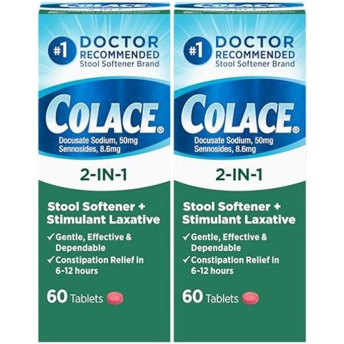 Colace 2-in-1 Stool Softener Plus Stimulant Laxative Tablets, 60 Count (Pack of 2), Gentle Constipation Relief, Docusate Sodium Plus Sennosides