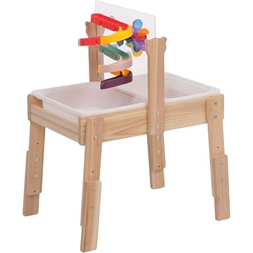 PHOKID Wooden Sensory Play Activity Table,Sand and Water Table for Toddlers,2 Sensory Bins, Acrylic Board & Water Track Toys,Montessori Kids Tables Learning Toy for Age 3+,Orignal Wood Color