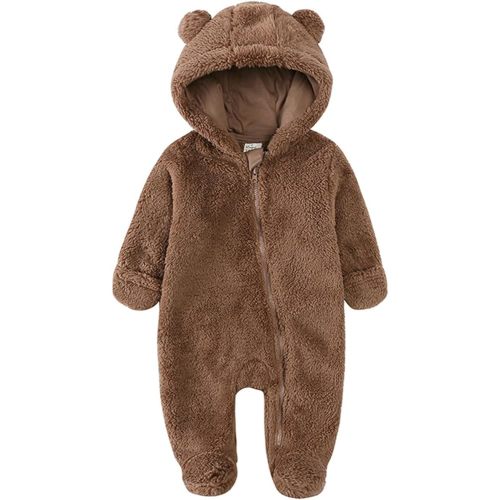 Combinaison en polaire pour bébé nouveau-né avec oreilles d'ours en peluche - Grenouillère à capuche - Fermeture éclair à manches longues