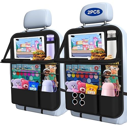 Oneyus Car Backseat Organizer with Table Tray(2-Pack) 9 Storage Pockets Backseat Car Organizer and storage with Tablet Holder, Kick Mats Back Seat Cover for Kids family Road Trip Essentials Travel