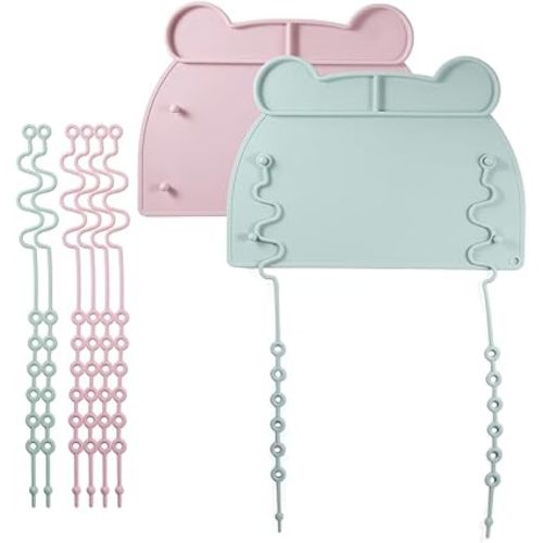 Picowe 2 Pack Silicone Suction Placemats for Babies with 8 Elastic Straps, Non-Slip Toddler Placemats for Dining Table, High Chair, Restaurant Use - Pink & Green