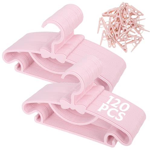 120 Pack Pink Baby Hangers with 30 Clothespins, Cute Plastic Hangers with Bow for Toddler Clothes Non-Slip Ultra Thin Small Coat and Pants Drying Hangers for Nursery, Closet, Laundry