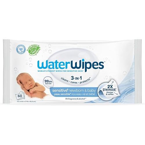 WaterWipes Sensitive+ Newborn & Baby Wipes, 3-In-1 Cleans, Cares, Protects, 99.9% Water, Unscented & Hypoallergenic, 60 Count
