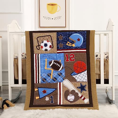Wowelife Sports Crib Bedding Set for Boys, Premium 3-Piece Baby Bedding Set Brown Football Basketball Rugby Crib Bed Set Baseball Soft with Crib Comforter, Skirt and Sheet, Brown