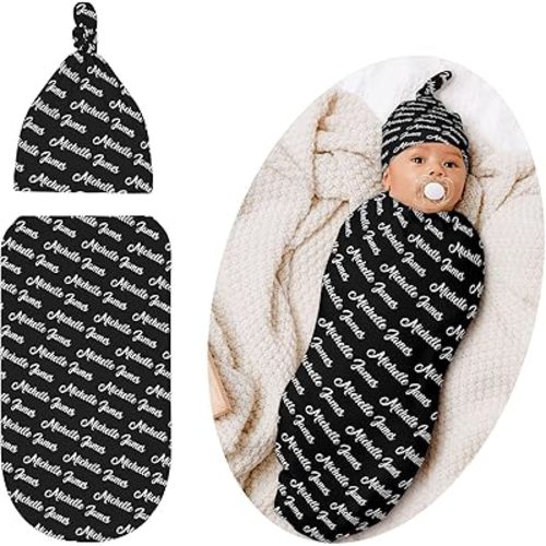 Personalized Black Letter Baby Boy Girl Swaddle Blanket Hat,Custom Baby Gifts,Newborn Swaddle Wrap