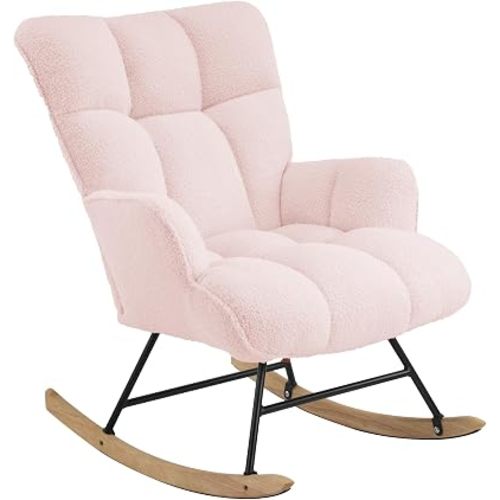 Rocking Chair Nursery Teddy, Upholstered Baby Fluffy Glider Rocker for Adults Indoor, Comfy Sherpa Compact Nursing Chairs for Small Spaces, Living Room, Classroom, Bedroom, Pink