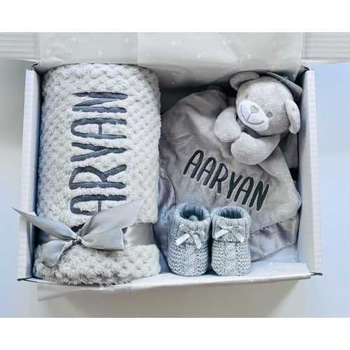 Personalised embroidered blanket, comforter  and bootie set. Baby shower gift, custom baby gift, personalised baby blanket