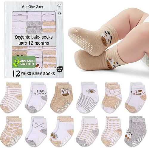 Mother's Choice Organic Cotton Baby Socks 6-12 Months, 12 Pairs Unisex Anti Slip - Soft & Hypoallergenic Baby Girl & Boys Socks (US, Age, 6 Months, 12 Months, Brown)