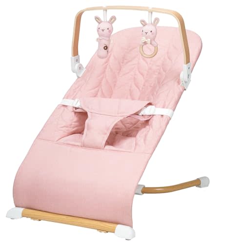 Portable Baby Bouncer, Bouncer Seat for Babies 0-12 Months, 3 Recline Positions, Foldable Baby Rocker Chair with Removable Wooden Bar, Pink