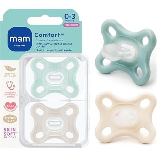 MAM Comfort Baby Pacifier 0-3 Months Specially for Smaller Newborn Mouths, Lightweight One-Piece BPA-Free Silicone, Easy to Clean, Best for Breastfed Babies, 2 Pk, Sterilizer Case, Made in Europe