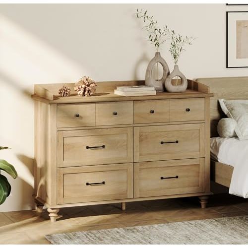 WAMPAT Oak Dresser for Bedroom with 6 Drawers, Baby Dresser with Solid Wood Legs, Farmhouse Light Wood Closet Storage Organizer, Horizontal Dressers for Nursery, Living Room, Kids Room