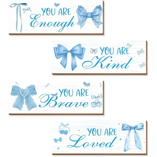 4 Pcs Blue Coquete Bow Room Decor, Teen Girls Trendy Preppy Wall Art Aesthetic for Bedroom Bathroom Decor, Inspirational Positive Affirmations