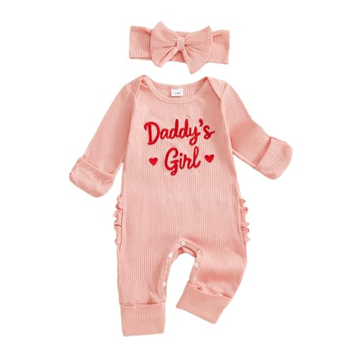 NEVUQO Baby Girl Valentines Day Outfit Knit Ribbed Jumpsuit Daddys Heart Ruffle Butt Romper Newborn One Piece Clothes