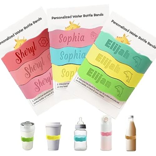 3 Piece Personalized Water Bottle Labels, Customized Silicone Baby Bottle & Sippy Cup Bands for Daycare School Summer Camp, Engraved Name Logo Reusable Silicone Cup Bands Labels