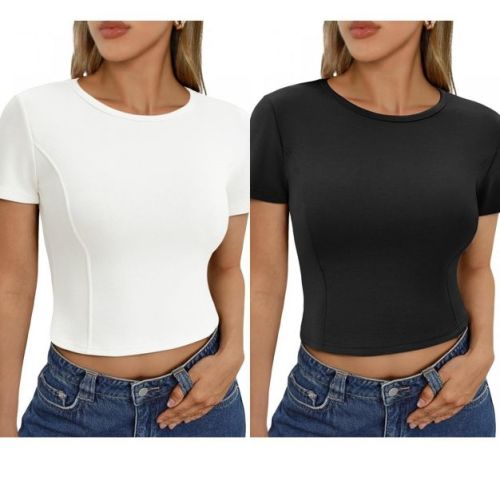 ATHLECHIC Women's Summer Short Sleeve Seamed Crew Neck Cropped Workout T-Shirts 2 Packs Black/White Large