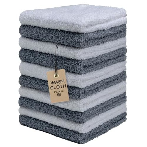 Terry Washcloths – 12x12 Inches – Pack of 10 – Grey & White – Highly Absorbent, Soft Feel and Multipurpose Cotton Wash Cloths for Everyday Use