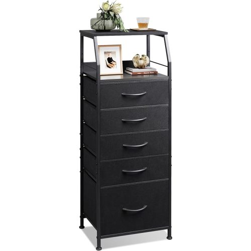 WLIVE Black Fabric Dresser for Bedroom, Tall Nightstand with 5 Drawers & 2 Open Shelves, Modern Night Stand Organizer, Sturdy Steel Frame Bedside Table