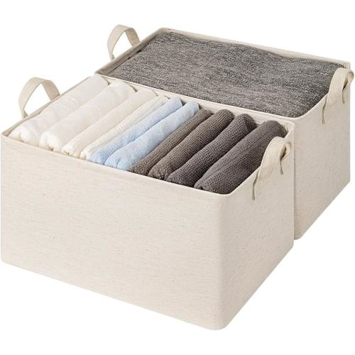 StorageWorks Storage Bins, Shelves Baskets for Organizing, 45L Extra Large Fabric Closet Organizers with Handles, Metal Frame, Beige-Cotton-linen, 2-Pack