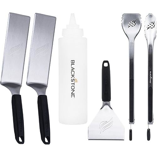 Blackstone 5464 Griddle Tool Kit Outdoor Indoor Grill BBQ Utensils Cooking Accessories-Heat Resistant– 2 Long Spatulas, 2 Angled Scraper Classic Tong, 1 (32oz) Squeeze Bottle, Black, Silver, White