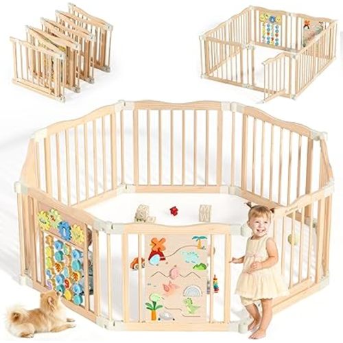 Foldable Wooden Playpen, 55 x 55 x 24 inches, Dino Land, Natural