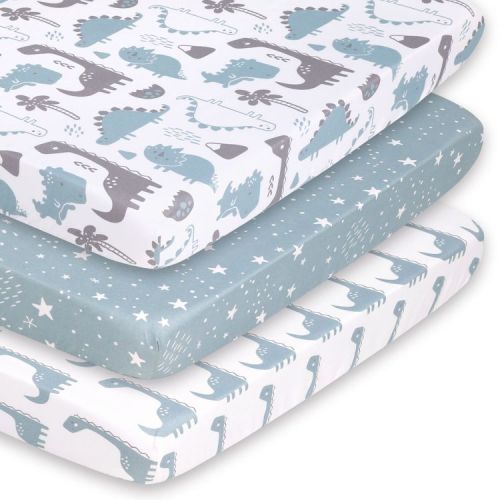 The Peanutshell Mini Crib Sheet Set for Boys - 3 Pack - Multiuse for Pack & Play, Playard, Playpen, Mini Crib - Blue Dino
