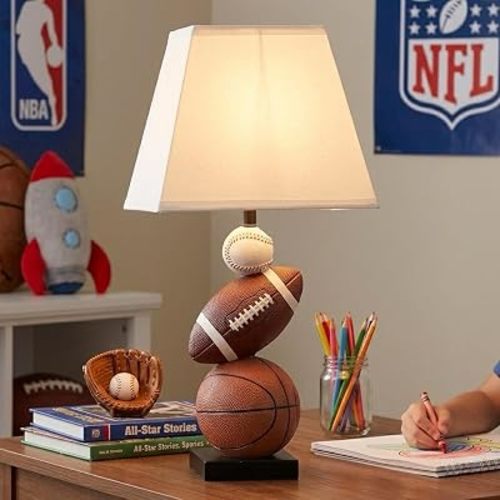 HERBESTBAY Kids Sports Table Lamp, Football Basketball Baseball Stacked Lamp for Boys Room, 18" Bedside Lamp with Fabric Shade, LED Bulb Included, Sports Bedroom Decor
