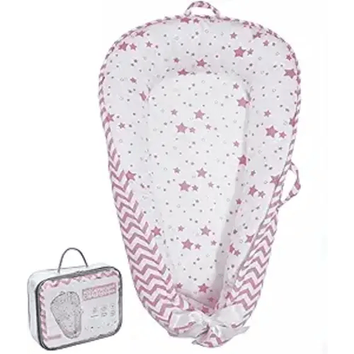 Aila+Aiden Baby Lounger | Organic Cotton Infant Lounger | Reversible, Adjustable & Portable Floor Lounger | Supervised Use | Soft, Breathable, Washable Cover - Star Collection (Pink)