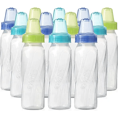 Evenflo Feeding Classic Clear Plastic Standard Neck Bottles for Baby, Infant and Newborn - Teal/Green/Blue, 8 Ounce (Pack of 12)