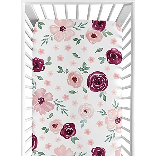 Sweet Jojo Designs Fitted Baby Crib Sheets (Burgundy/Pink Boho Floral) for Girls, Infant Nursery, Toddler Room -Standard Size (Watercolor, Bohemian, Shabby Chic Rose, Flower, Farmhouse, Green, Maroon)