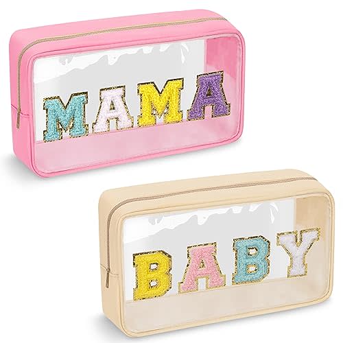 izuzta 2 Pcs Chenille Letter Clear Makeup Bag Mama Baby Pouch, Hospital Duffle Pink Diaper Organizing Pouches with Zipper, Travel Toiletry Nylon Cosmetic for Women(MAMA+BABY)