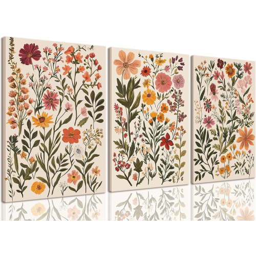 3 Piece Boho Floral Canvas Wall Art For Bedroom Cottagecore Wild Flower Wall Art Colorful Nature Modern Botanical Art Prints For Nursery Living Room,12x16 in