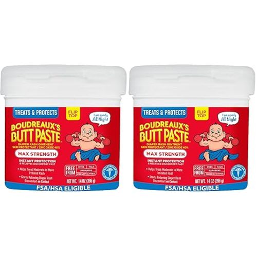 Boudreaux's Butt Paste Maximum Strength Diaper Rash Cream,Ointment for Baby,14 oz Flip-Top Jar,(Pack of 2)