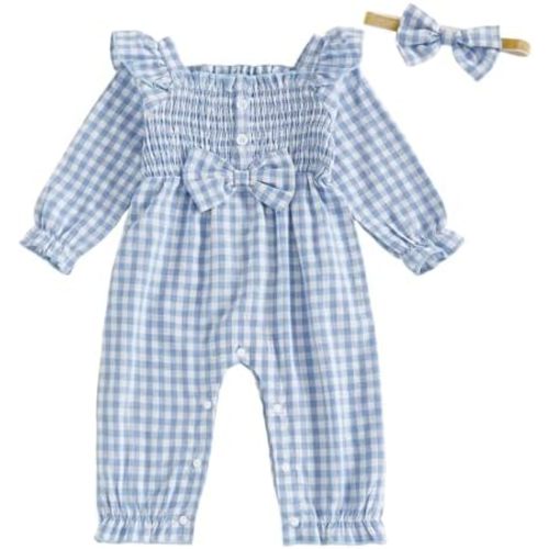 Newborn Baby Girl Romper Clothes Striped Bubble Onesie Long Sleeve Ruffle Bodysuit with Headband Fall Outfit