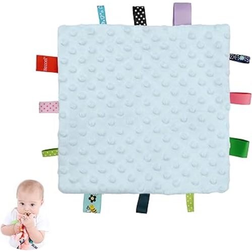 HECCEI Baby Tags Security Blankets - Baby Soothing Plush Blanket with Colorful Tags, Square Sensory Toys, 10 x 10 inches, for 3-12 Months Babies(Blue)